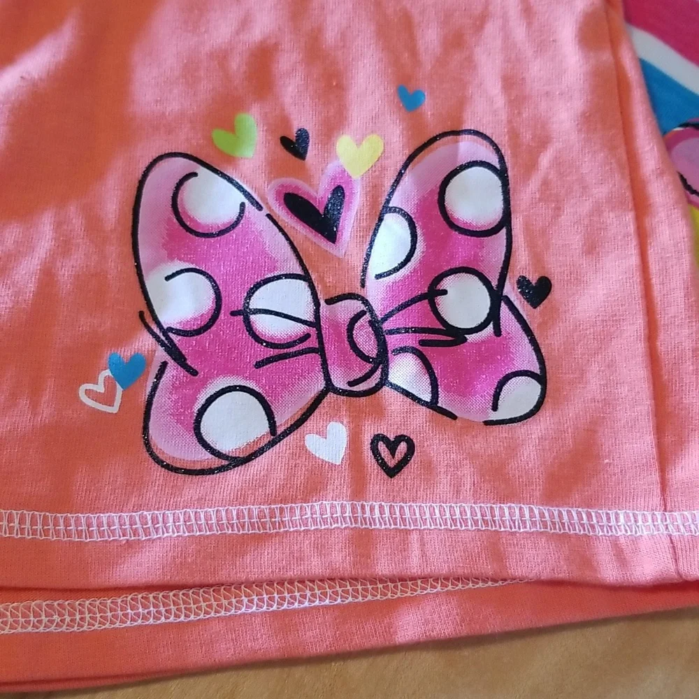 Disney Girls Minnie Mouse Coral Pink Multi-Color Stripe Matching Set